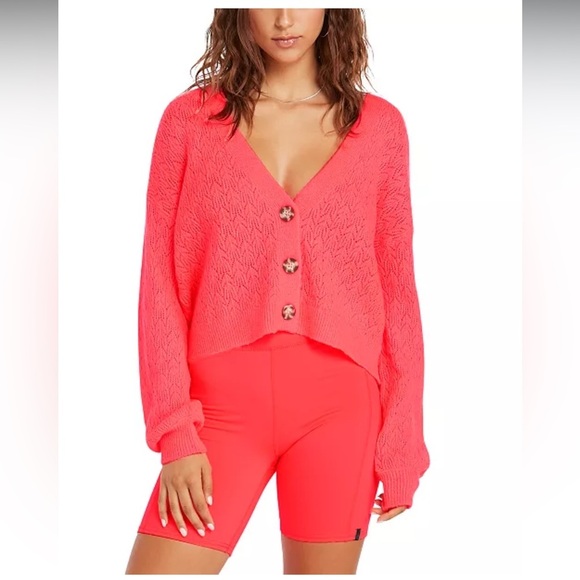 NWOT Volcom Cardigan Beach Sweater Electric Coral Size Medium - Picture 3 of 16